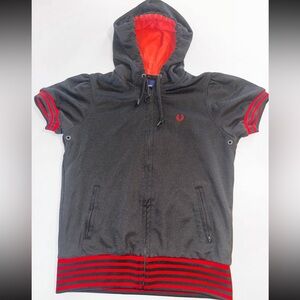 Fred Perry Kids Hooded Polo Shirt US Size 8 UK Size 12 Black Red Short Sleeve